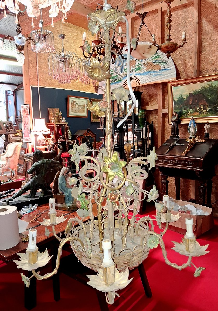 Grand lustre floral Art nouveau en bronze et métal patiné -photo-4