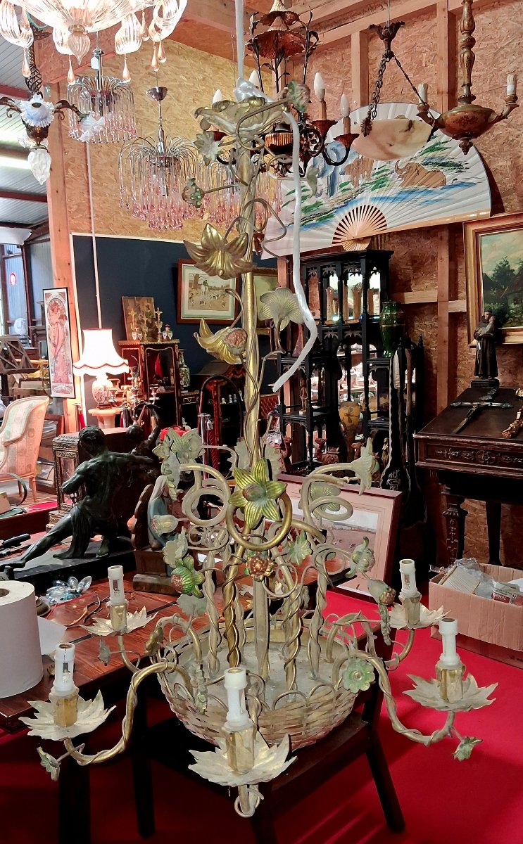 Grand lustre floral Art nouveau en bronze et métal patiné -photo-5
