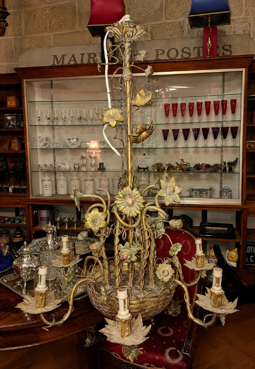 Grand lustre floral Art nouveau en bronze et métal patiné 