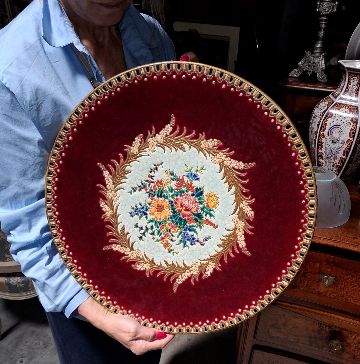Large Decorative Dish Made Of Longwy Enamel – Maintenon Design  -photo-2