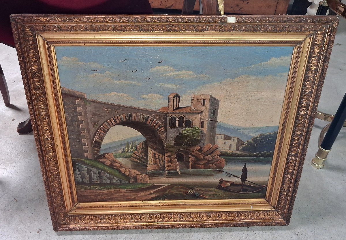 H. Nicolini  – Paysage animé au pont de pierre, XIXe siècle  / huile sur toile-photo-2