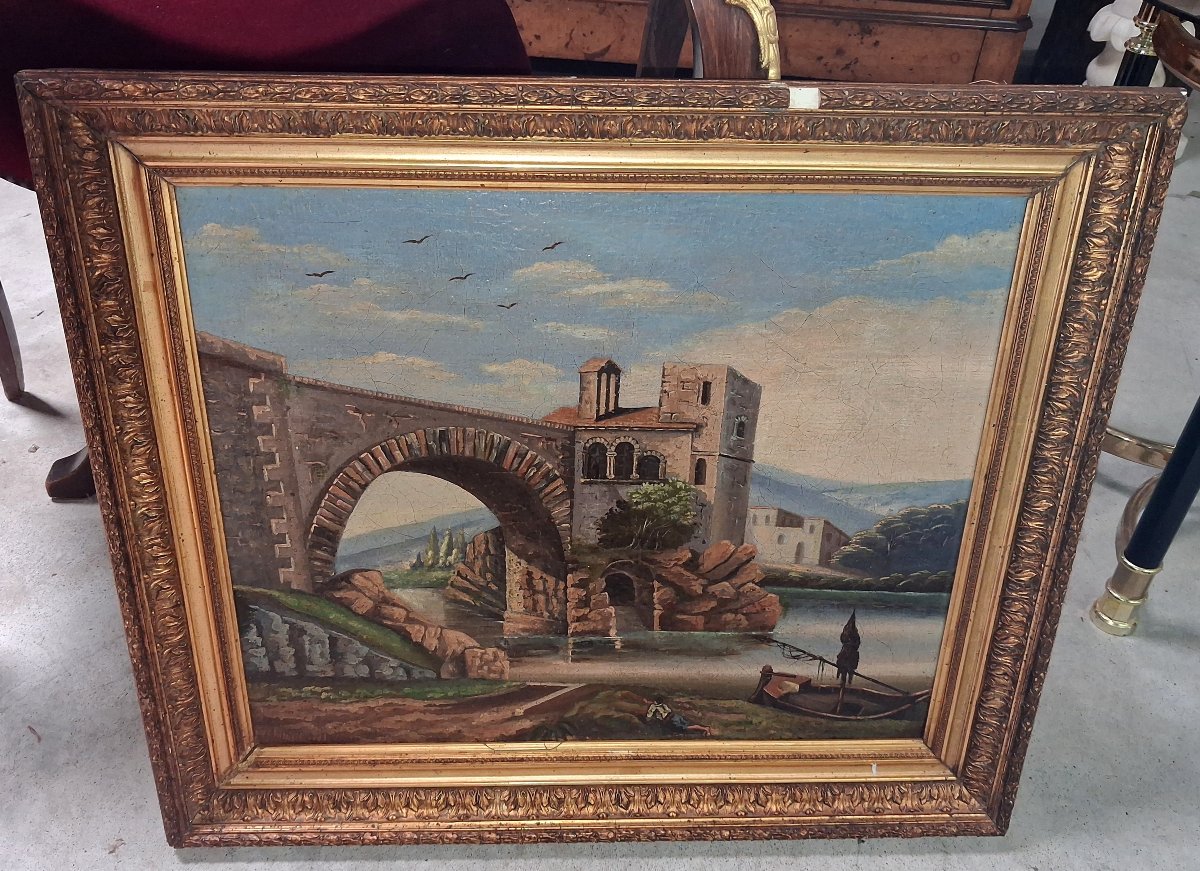 H. Nicolini  – Paysage animé au pont de pierre, XIXe siècle  / huile sur toile-photo-3