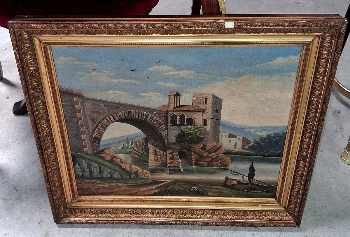 H. Nicolini  – Paysage animé au pont de pierre, XIXe siècle  / huile sur toile-photo-4
