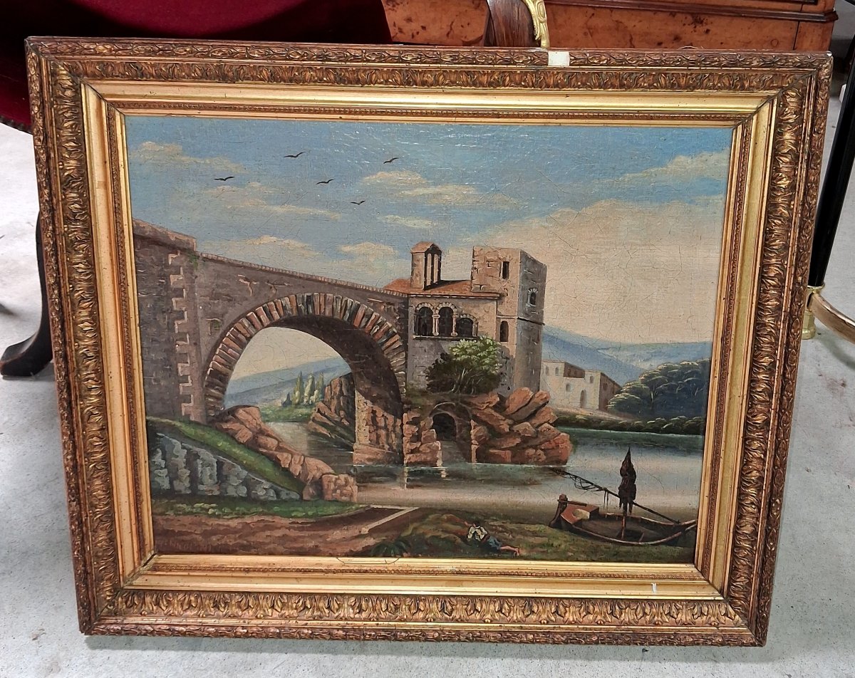 H. Nicolini  – Paysage animé au pont de pierre, XIXe siècle  / huile sur toile-photo-1