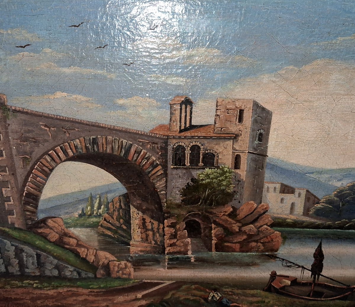 H. Nicolini  – Paysage animé au pont de pierre, XIXe siècle  / huile sur toile-photo-2