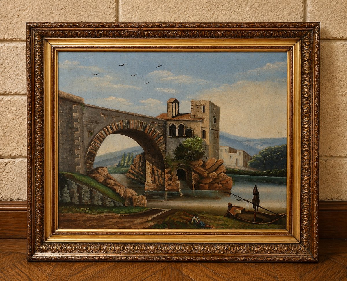 H. Nicolini  – Paysage animé au pont de pierre, XIXe siècle  / huile sur toile