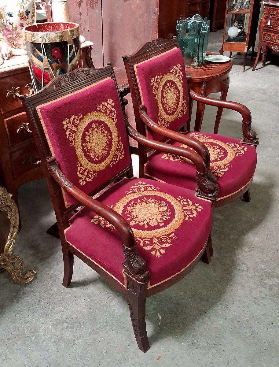 Pair Of Empire-style Mahogany Armchairs With Petit Point Upholstery  -photo-2