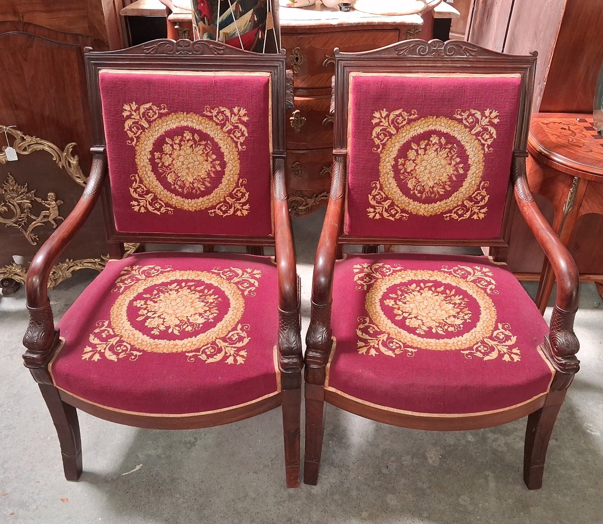 Pair Of Empire-style Mahogany Armchairs With Petit Point Upholstery  -photo-1
