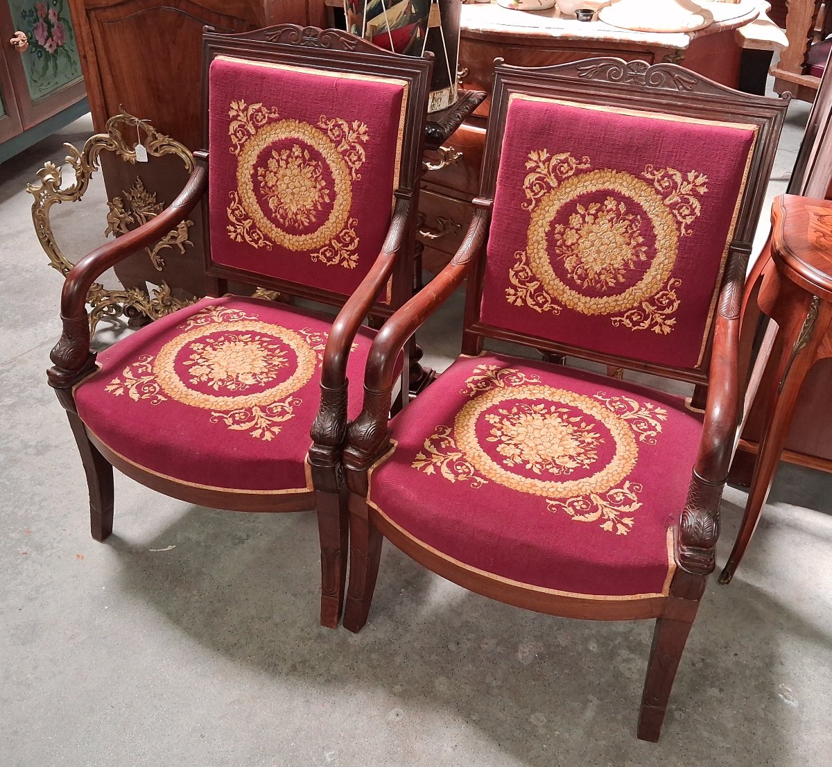 Pair Of Empire-style Mahogany Armchairs With Petit Point Upholstery  -photo-2