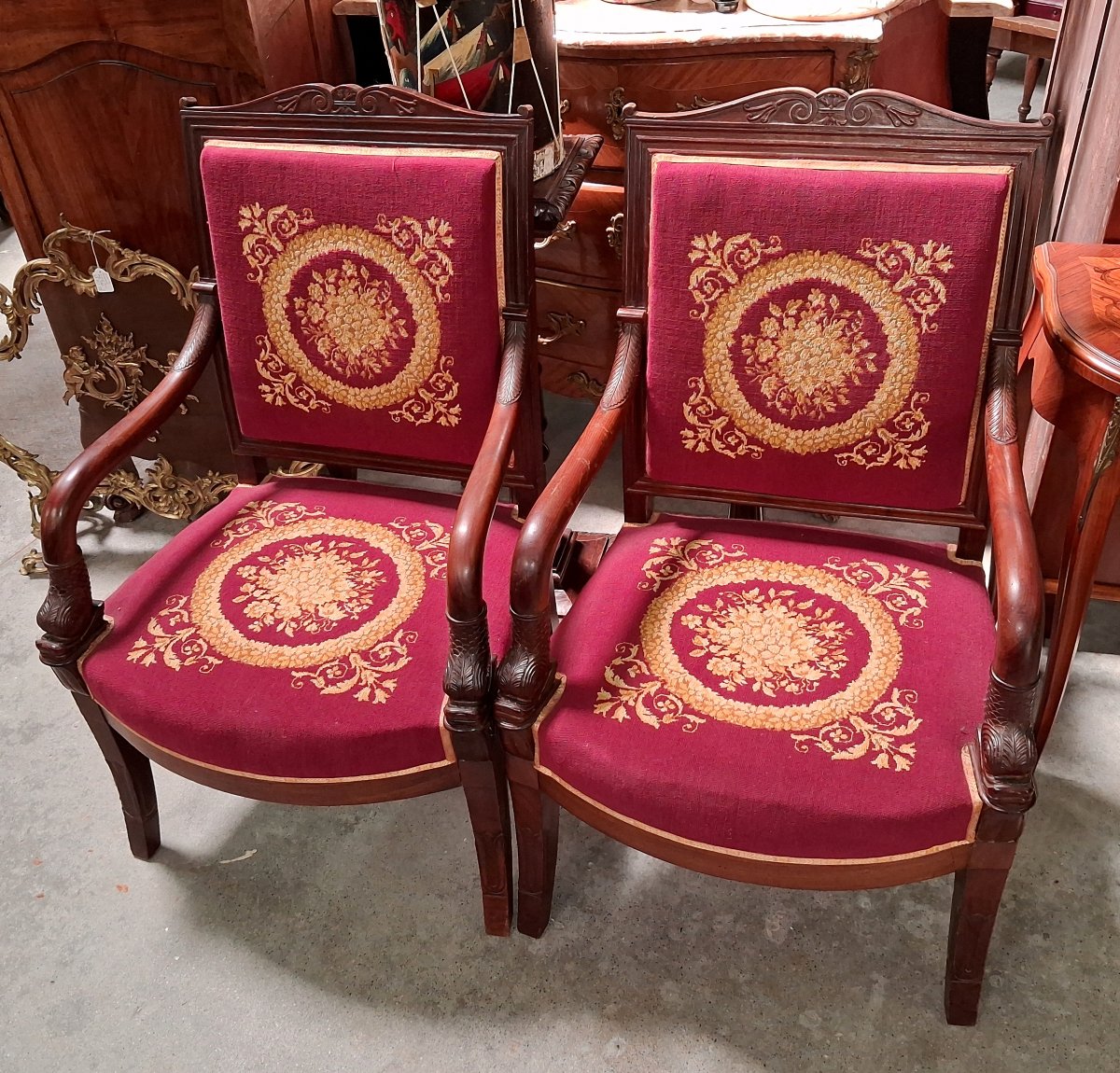 Pair Of Empire-style Mahogany Armchairs With Petit Point Upholstery  -photo-3