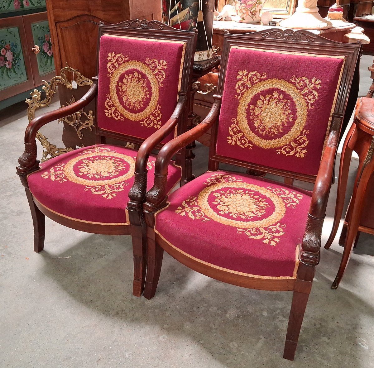 Pair Of Empire-style Mahogany Armchairs With Petit Point Upholstery  -photo-4