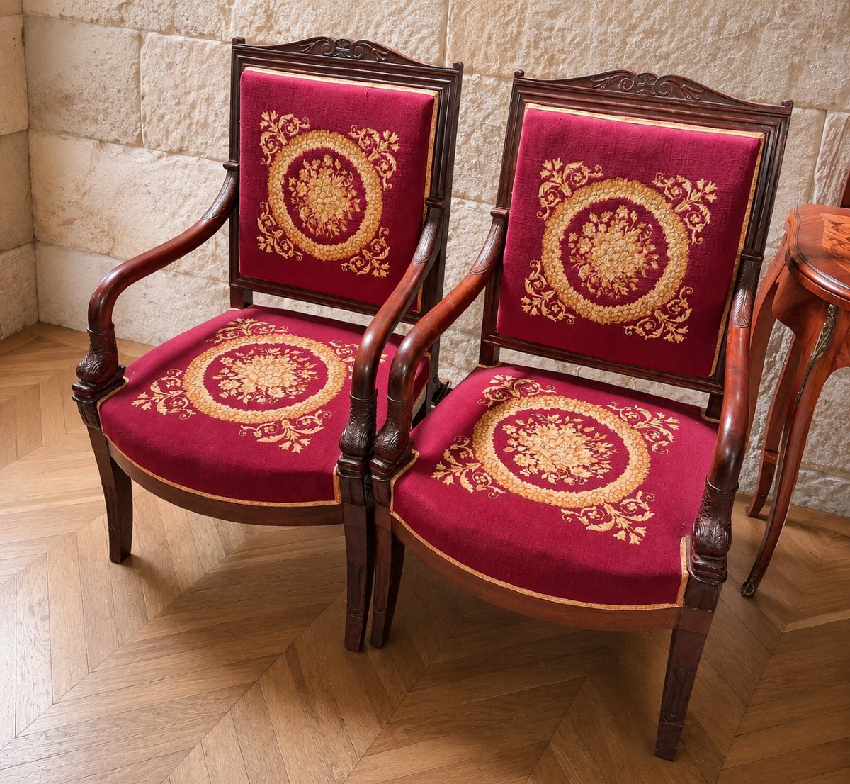 Pair Of Empire-style Mahogany Armchairs With Petit Point Upholstery  