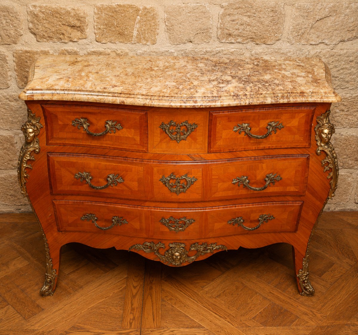Curved Louis XV-style Chest Of Drawers With Marquetry