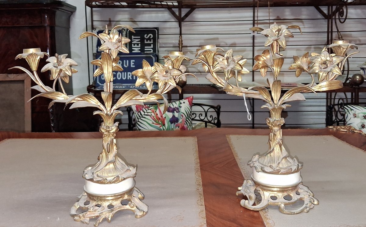 Pair Of Louis XV Rocaille-style Candlesticks In Gilded Bronze And Marble-photo-3