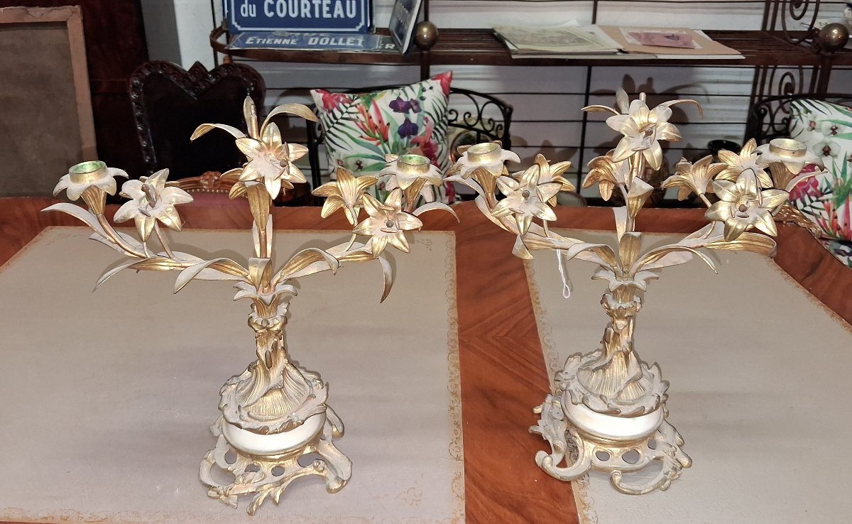 Pair Of Louis XV Rocaille-style Candlesticks In Gilded Bronze And Marble-photo-4
