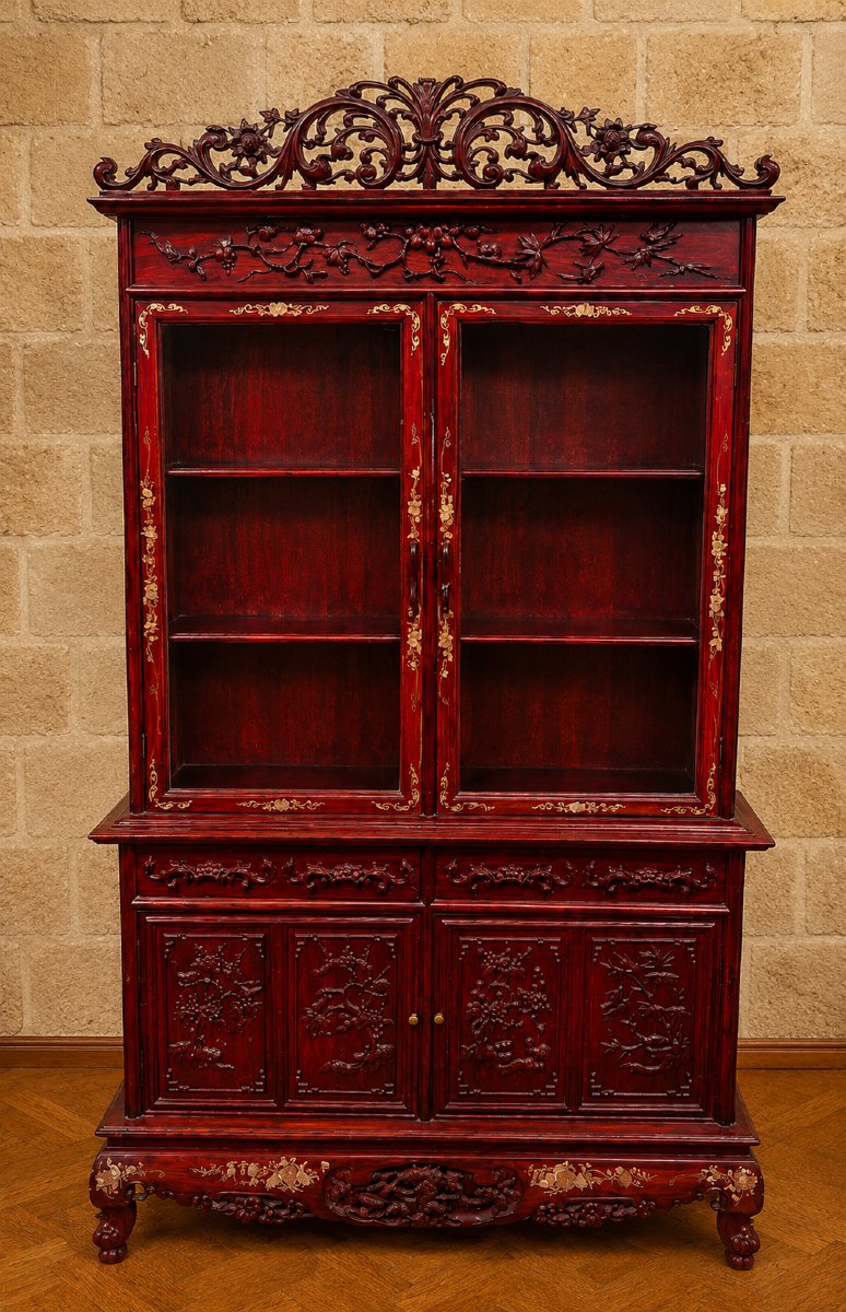 Chinese Bookcase Made Of Red Lacquered Wood With Carvings And Gilding  