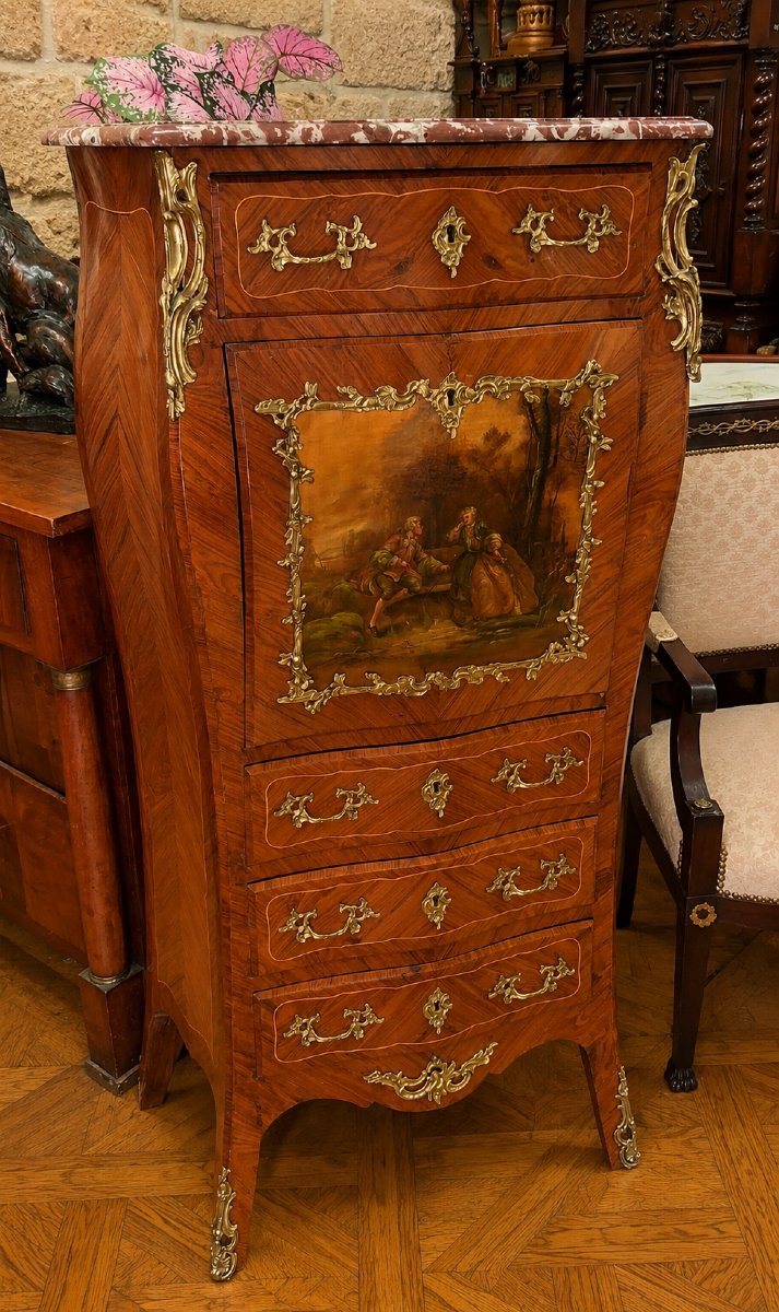 Secrétaire de Dame style Louis XV Transition – Marqueterie de Bois de Rose et Bois de Violette