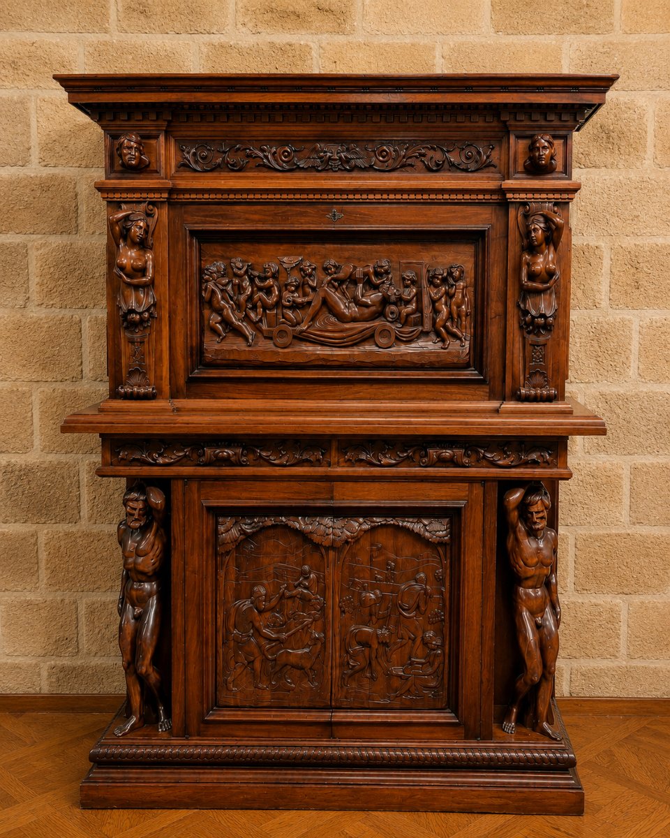 Important secrétaire à abattant de style Renaissance, XIXe siècle (B)