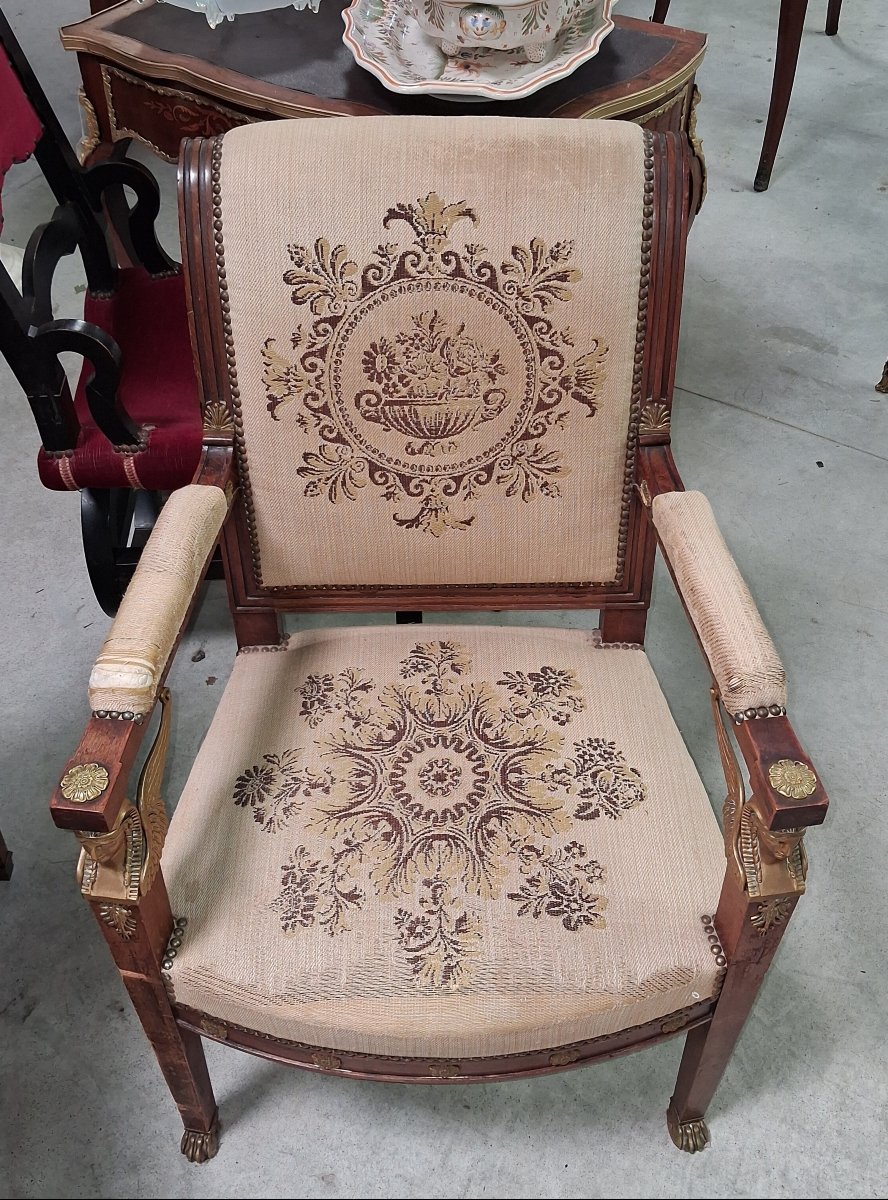 Fauteuil époque Empire en acajou à têtes d'égyptiennes-photo-6