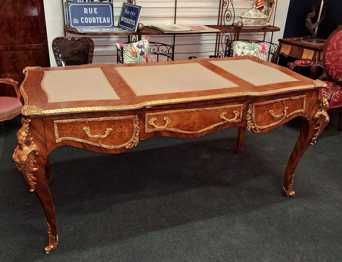 Large, Flat Louis XV-style Desk, Modeled After A Design By Charles Cressent, Featuring Marquetry And Gilded Bronze  -photo-1