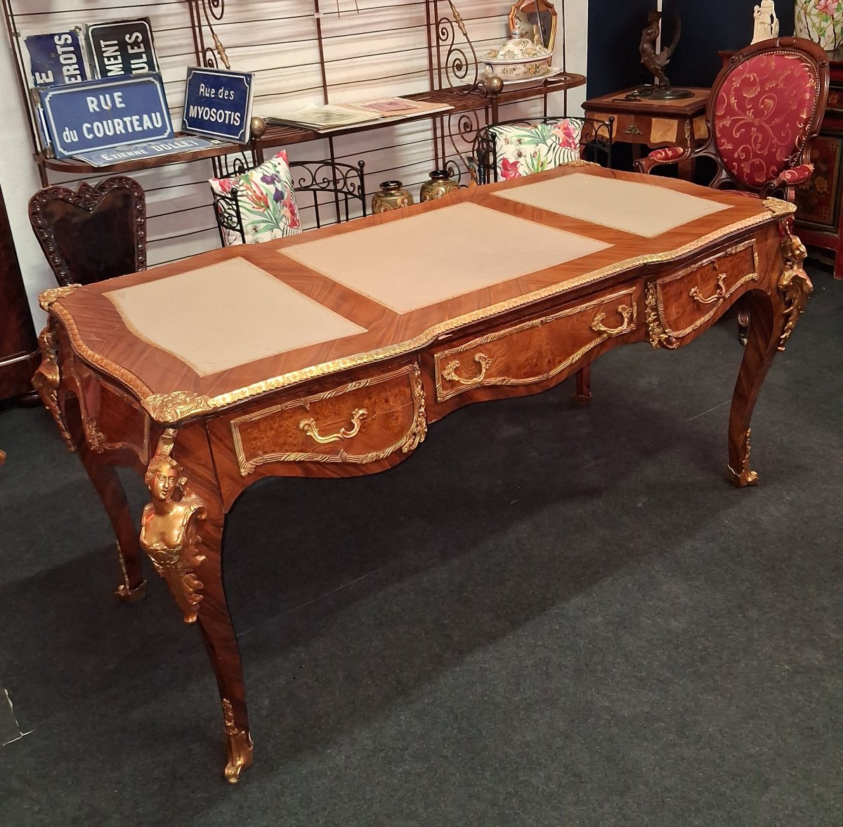 Large, Flat Louis XV-style Desk, Modeled After A Design By Charles Cressent, Featuring Marquetry And Gilded Bronze  -photo-2