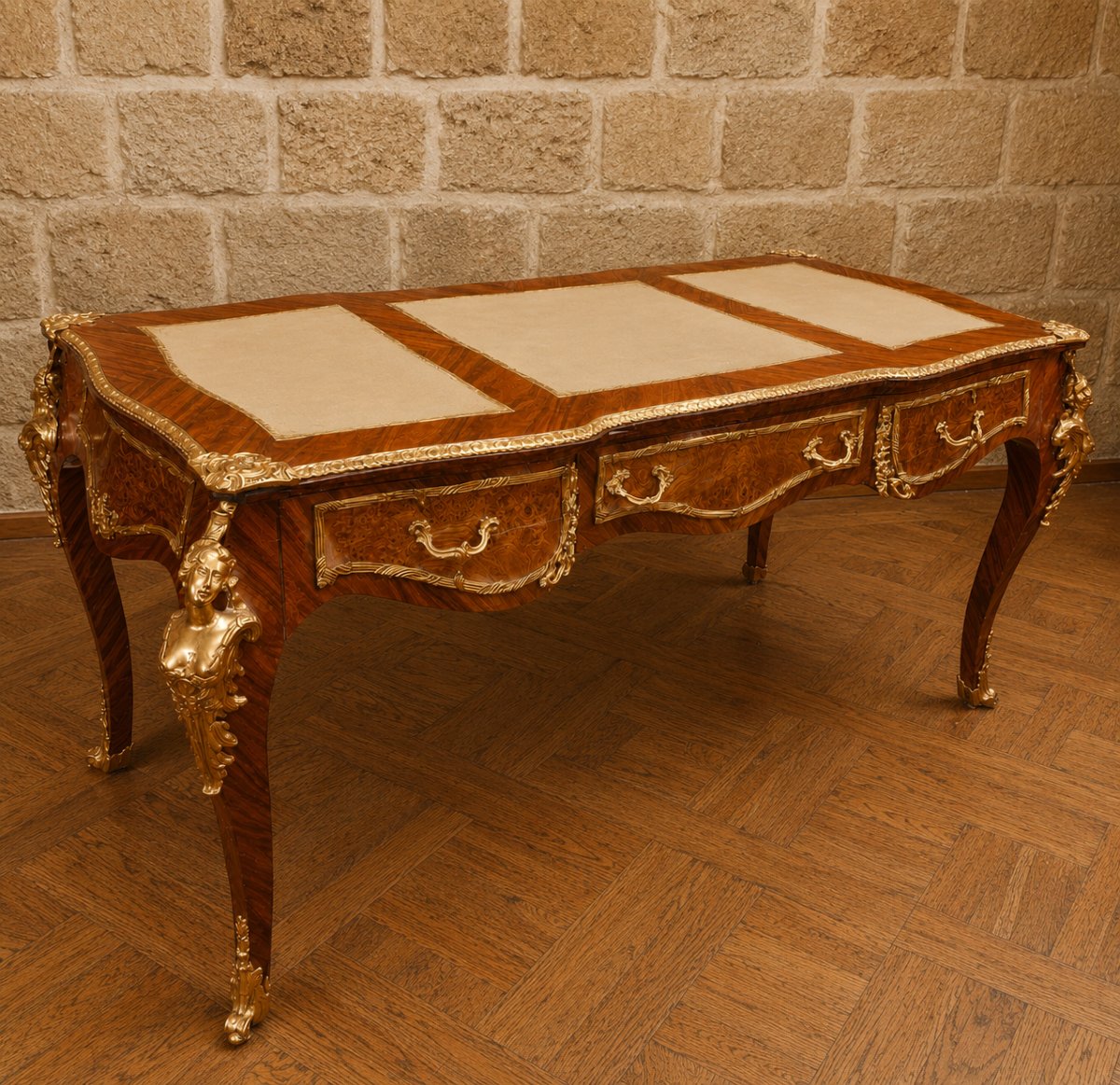 Large, Flat Louis XV-style Desk, Modeled After A Design By Charles Cressent, Featuring Marquetry And Gilded Bronze  