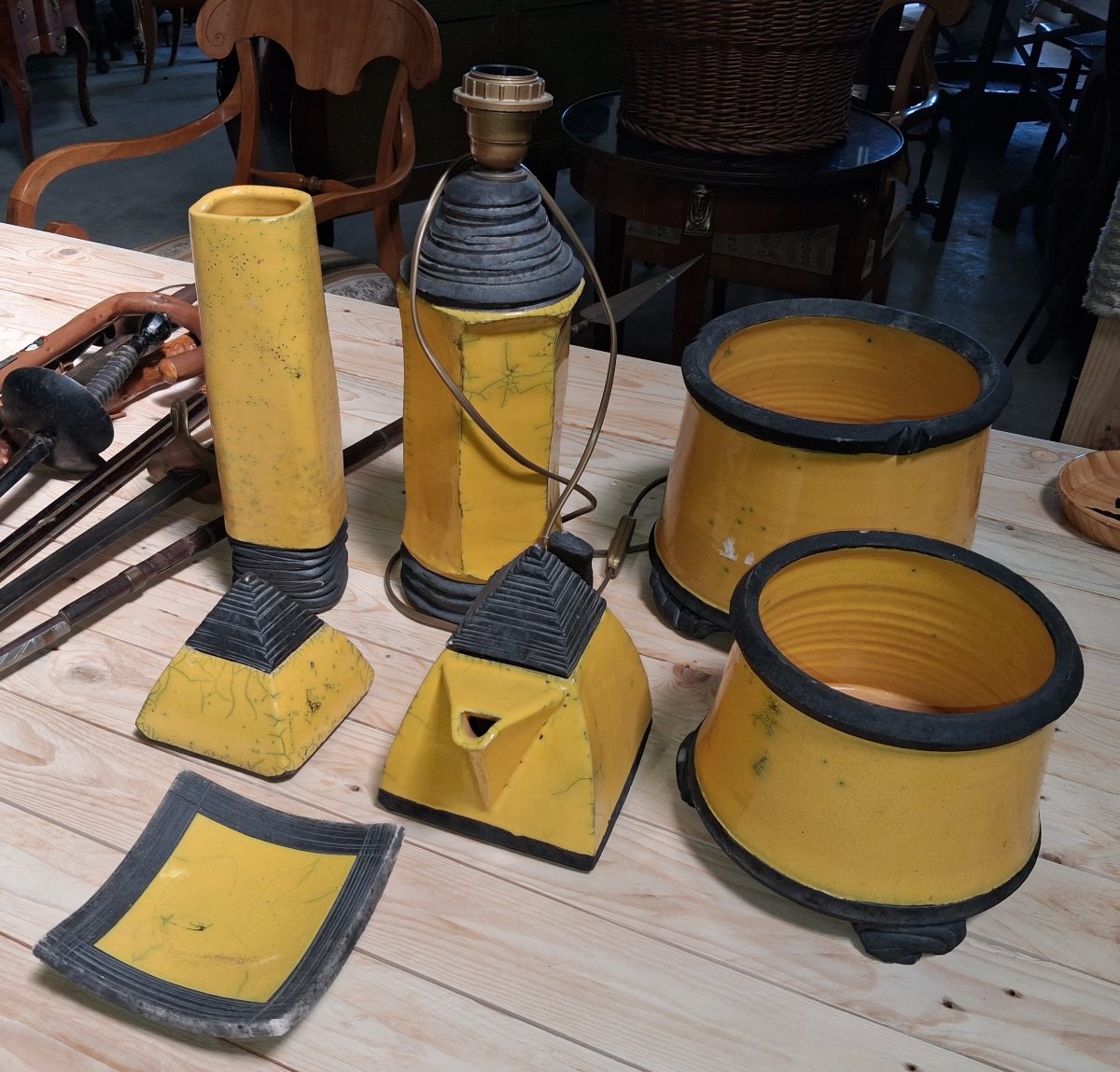 Signed Art Deco Desk Set Made Of Yellow And Black Crackled Ceramic -photo-3