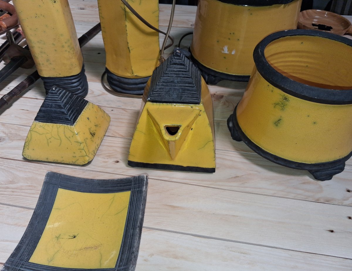 Signed Art Deco Desk Set Made Of Yellow And Black Crackled Ceramic -photo-4
