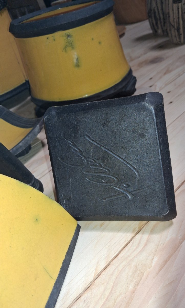 Signed Art Deco Desk Set Made Of Yellow And Black Crackled Ceramic -photo-6
