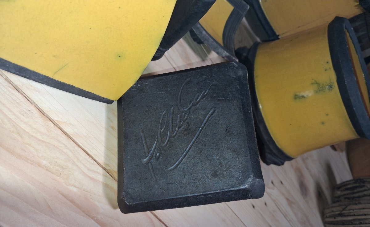 Signed Art Deco Desk Set Made Of Yellow And Black Crackled Ceramic -photo-7
