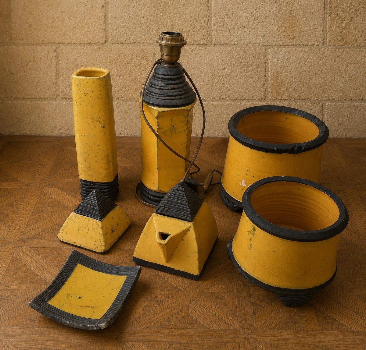 Signed Art Deco Desk Set Made Of Yellow And Black Crackled Ceramic 