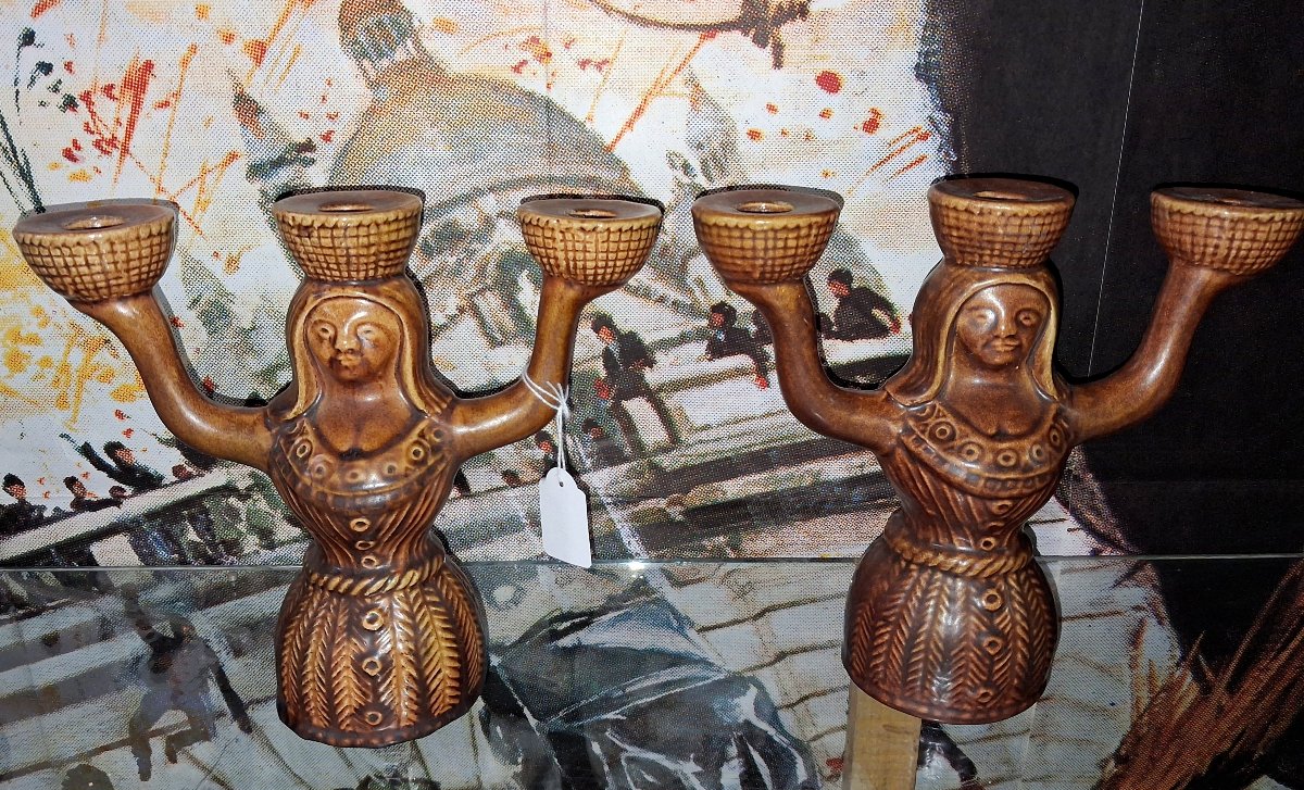Pair Of Saint-clément Glazed Ceramic Candleholders, France, 1960s–1970s  -photo-3