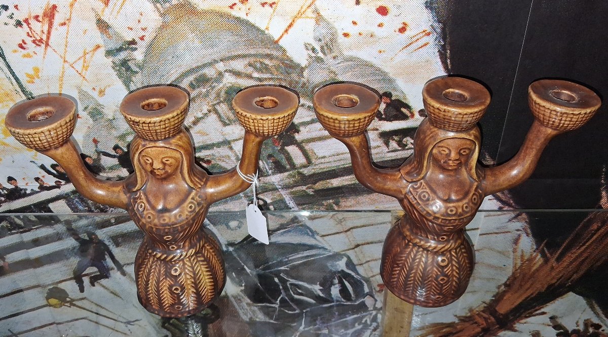 Pair Of Saint-clément Glazed Ceramic Candleholders, France, 1960s–1970s  -photo-4