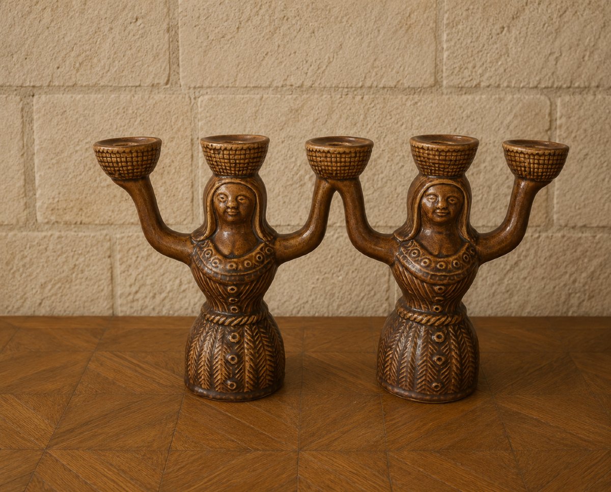 Pair Of Saint-clément Glazed Ceramic Candleholders, France, 1960s–1970s  