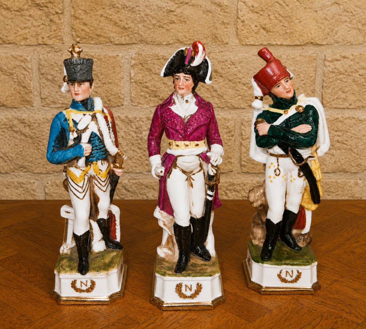 Allemagne : Suite de trois sujets napoléoniens en porcelaine polychrome  