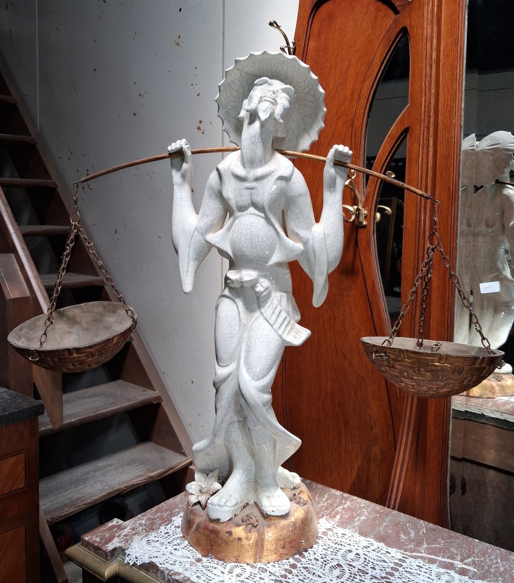 Large Art Nouveau Statue Made Of Crackled Ceramic And Gilded Wood  -photo-4