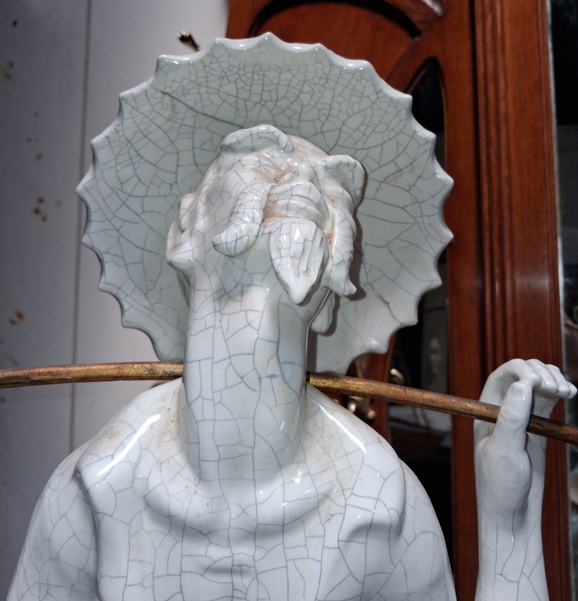 Large Art Nouveau Statue Made Of Crackled Ceramic And Gilded Wood  -photo-4