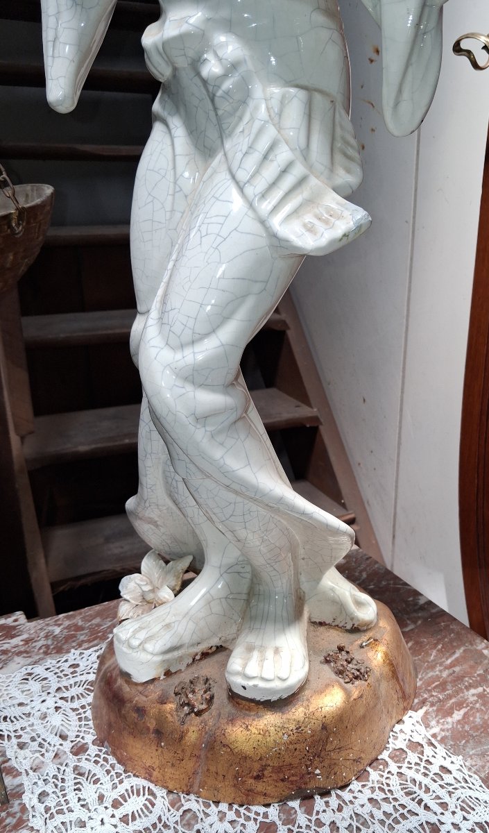 Large Art Nouveau Statue Made Of Crackled Ceramic And Gilded Wood  -photo-6