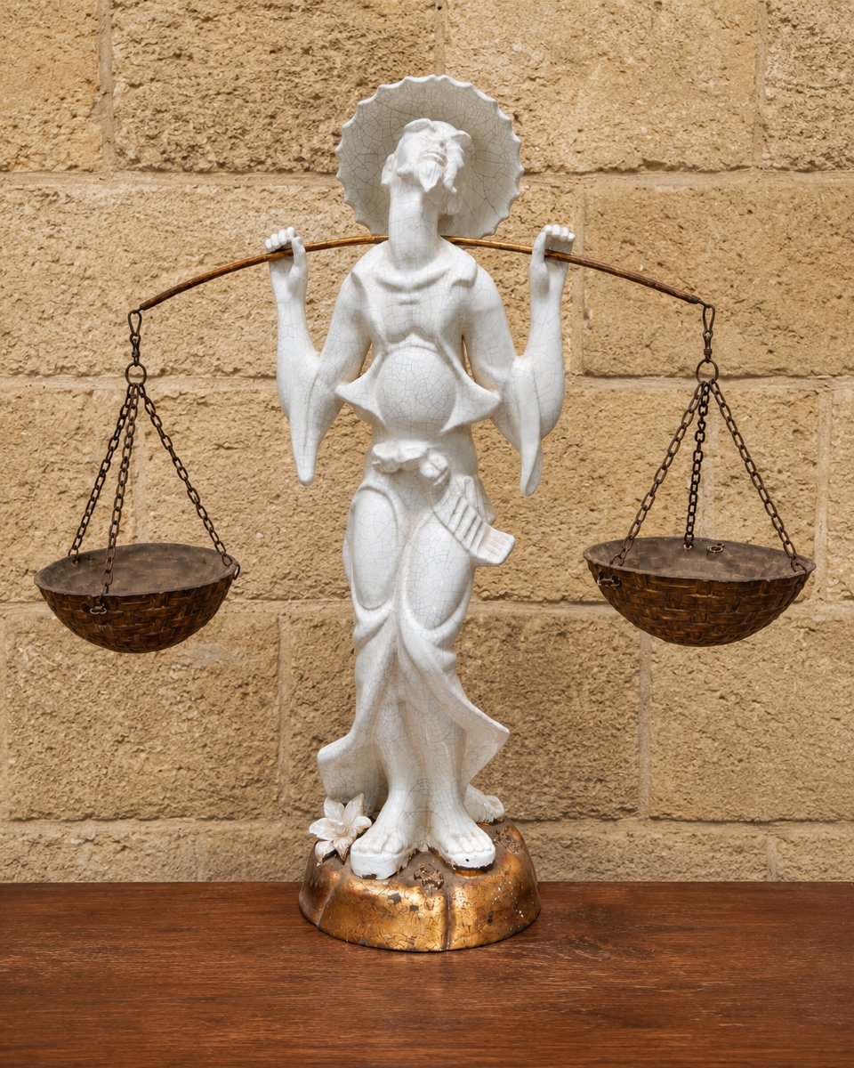Large Art Nouveau Statue Made Of Crackled Ceramic And Gilded Wood  