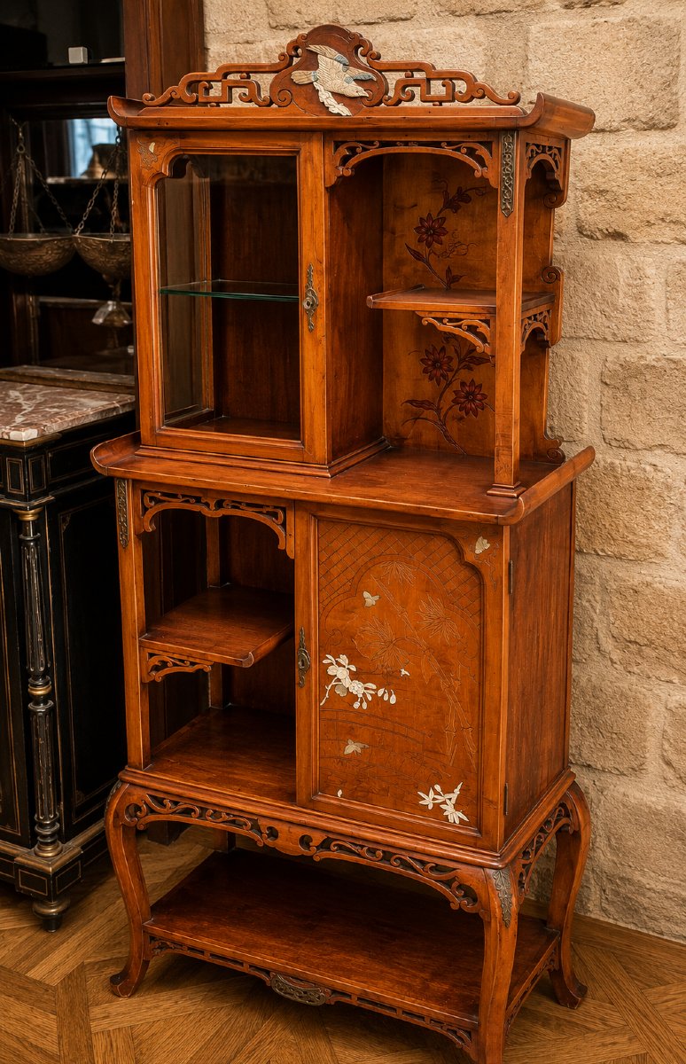 Étagère - vitrine japonisante Art Nouveau en acajou et nacre  Époque fin XIXe siècle-photo-2