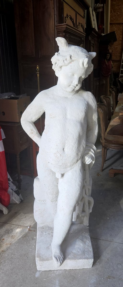 Garden Statue Made Of Reconstituted Stone Depicting A Young Faun – 20th Century -photo-1