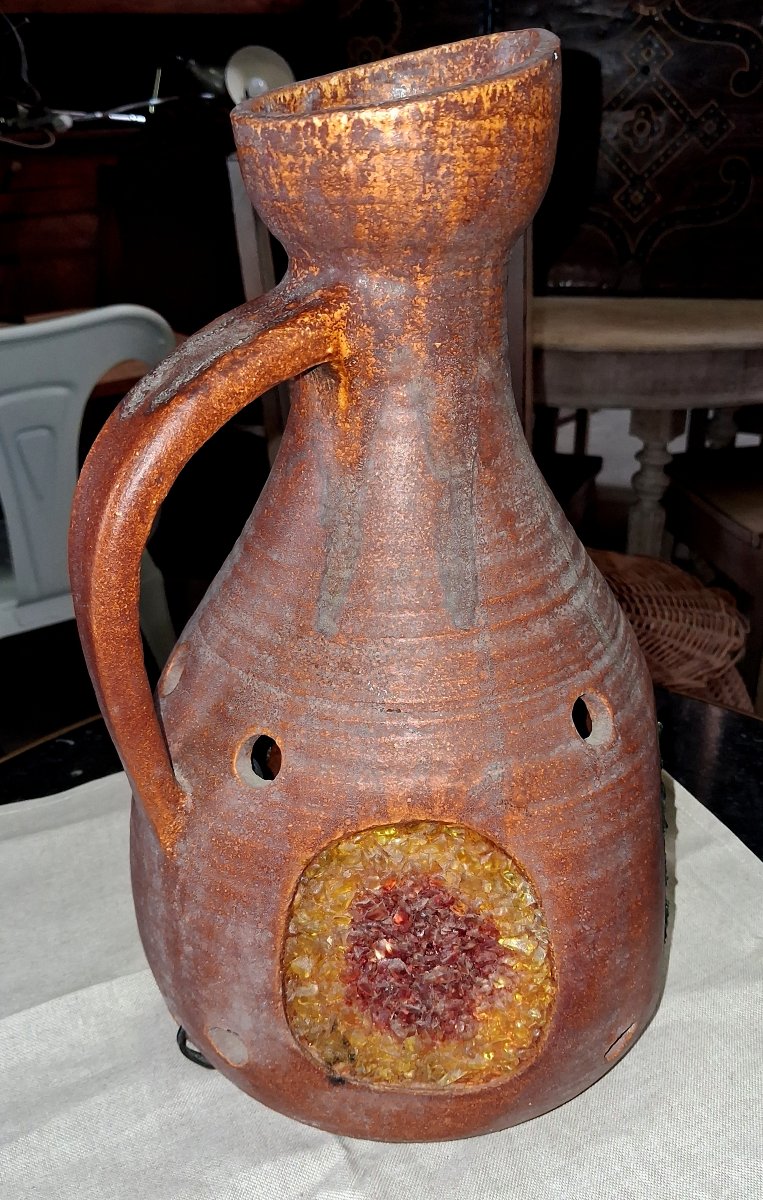 Glazed Ceramic Lamp With Glass Inclusions – Work From The 1970s -photo-3