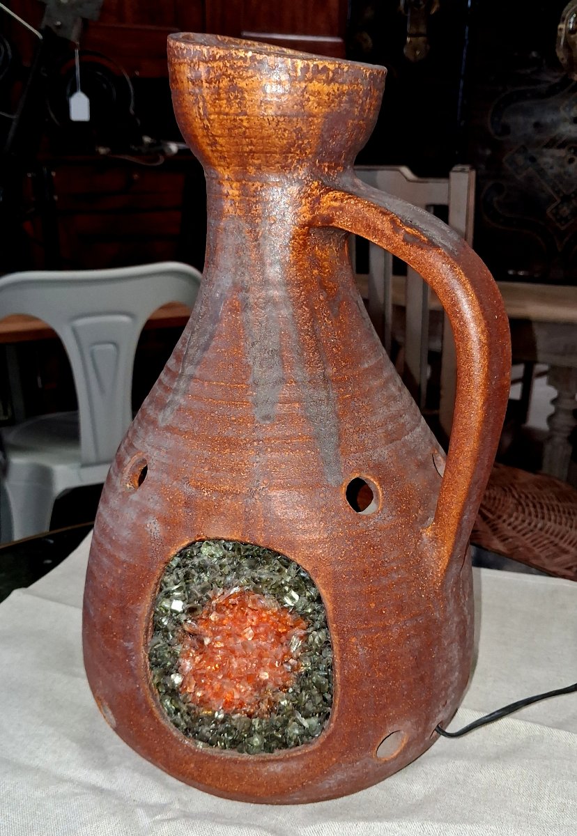 Glazed Ceramic Lamp With Glass Inclusions – Work From The 1970s 
