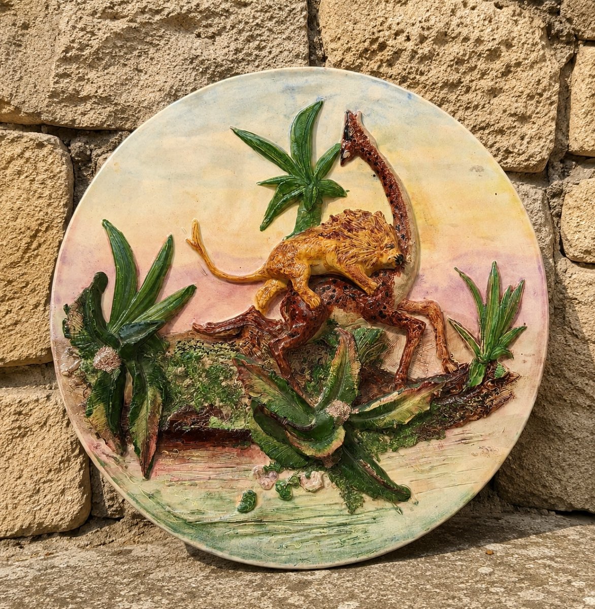 Large Ceramic Wall Plate With Relief Decoration – Lion Attacking An Ostrich 