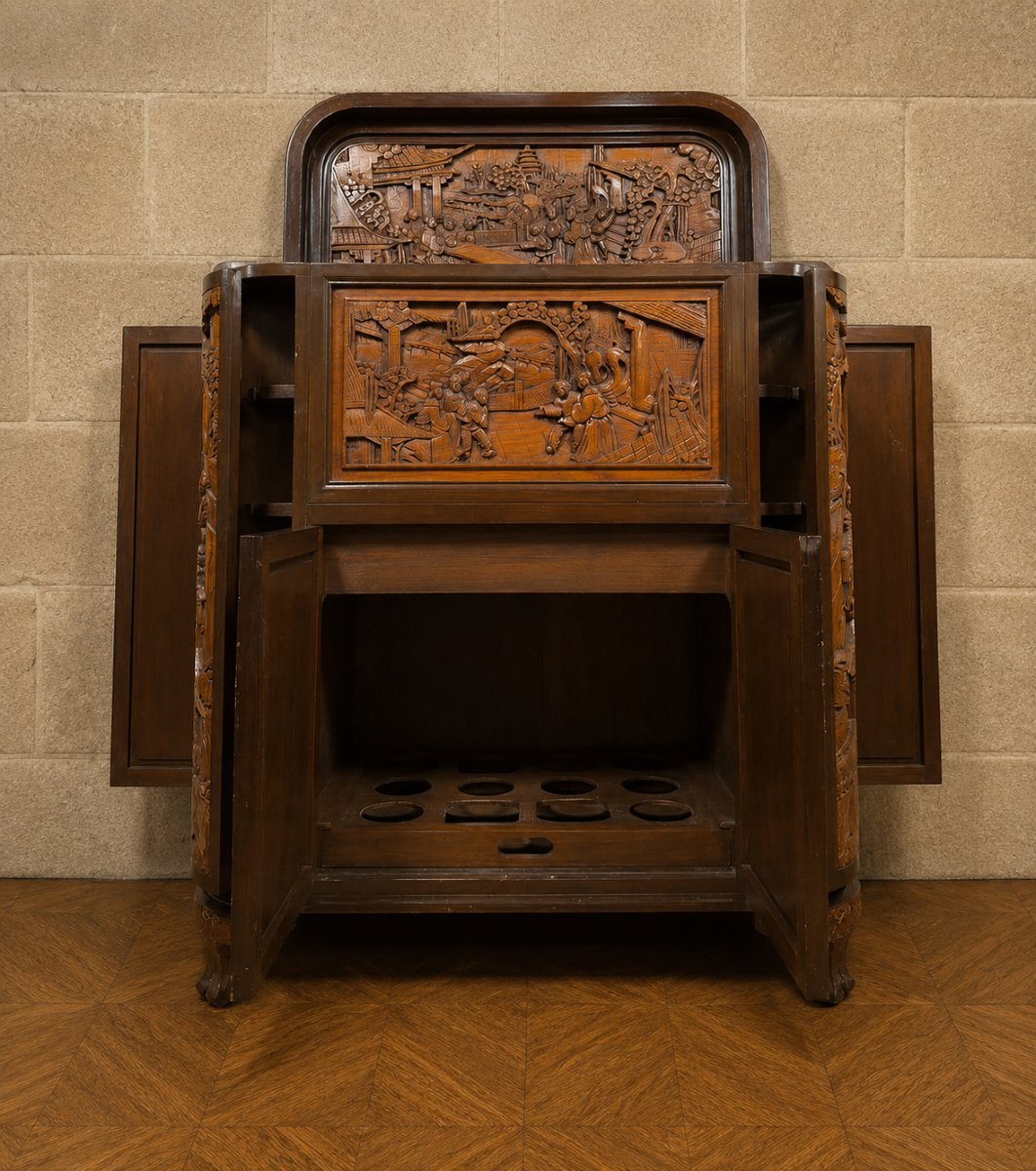 Meuble bar chinois sculpté en bois – XXe siècle -photo-2