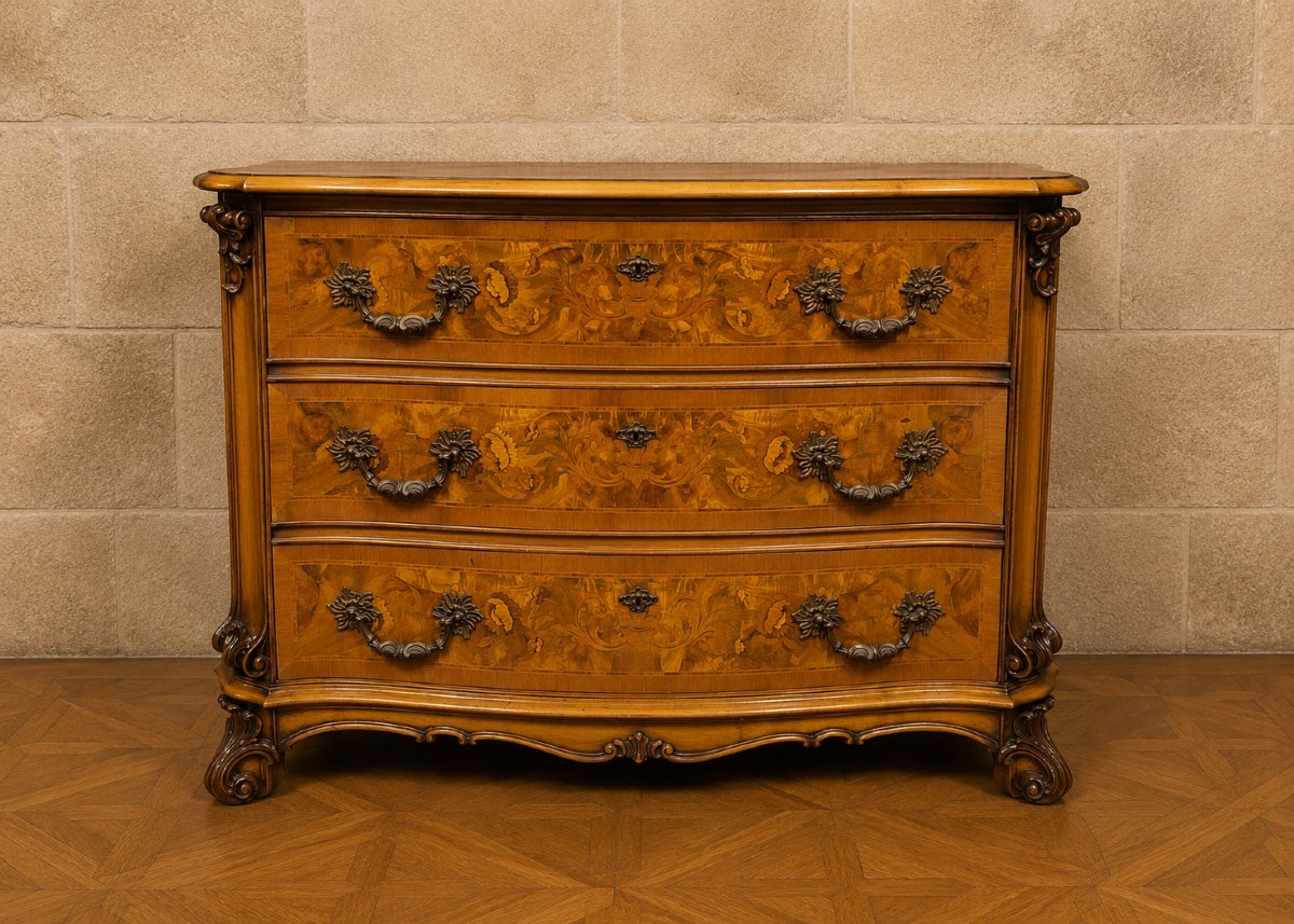 Commode galbée en marqueterie de noyer – Style Louis XV -photo-2