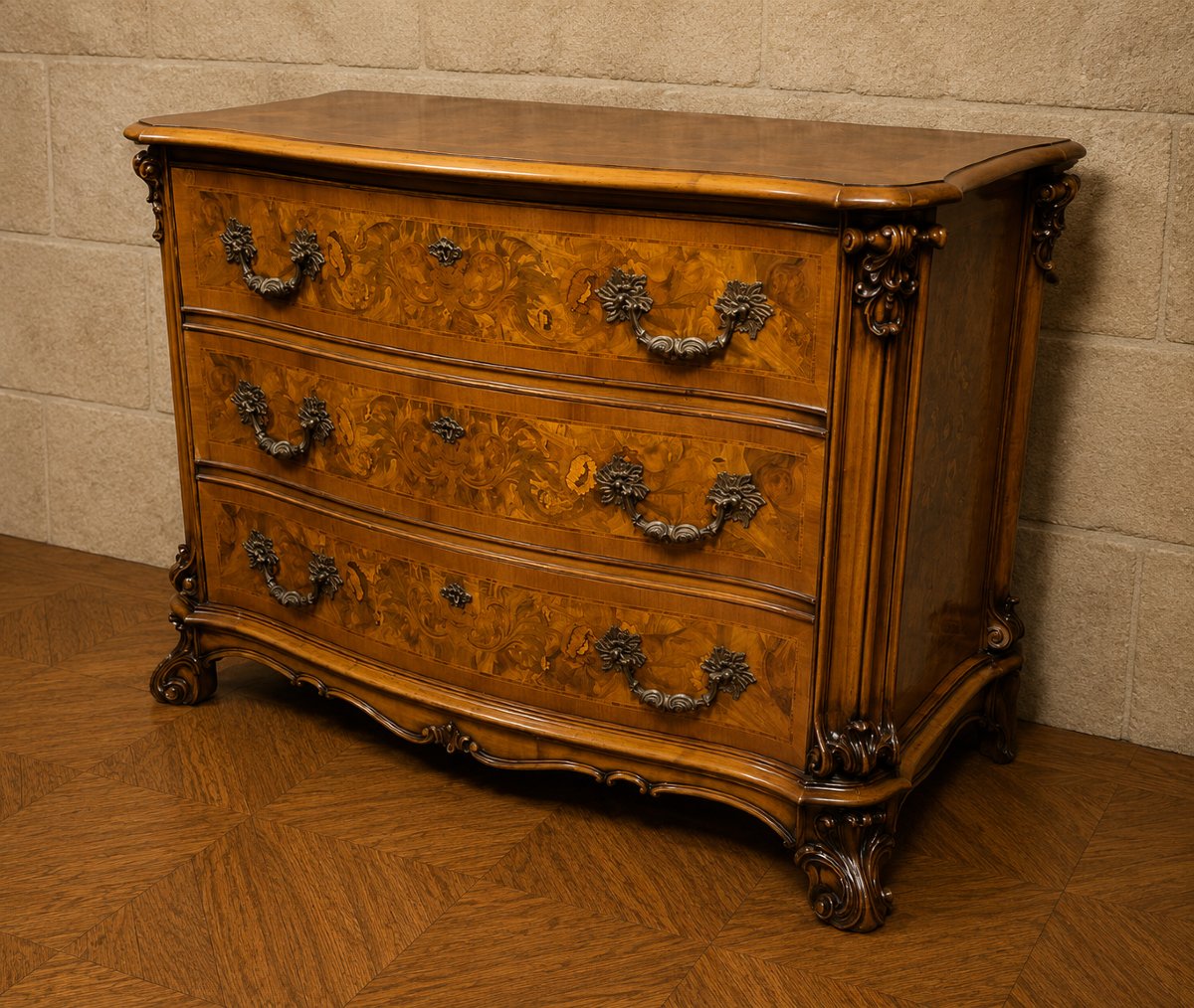 Commode galbée en marqueterie de noyer – Style Louis XV -photo-3