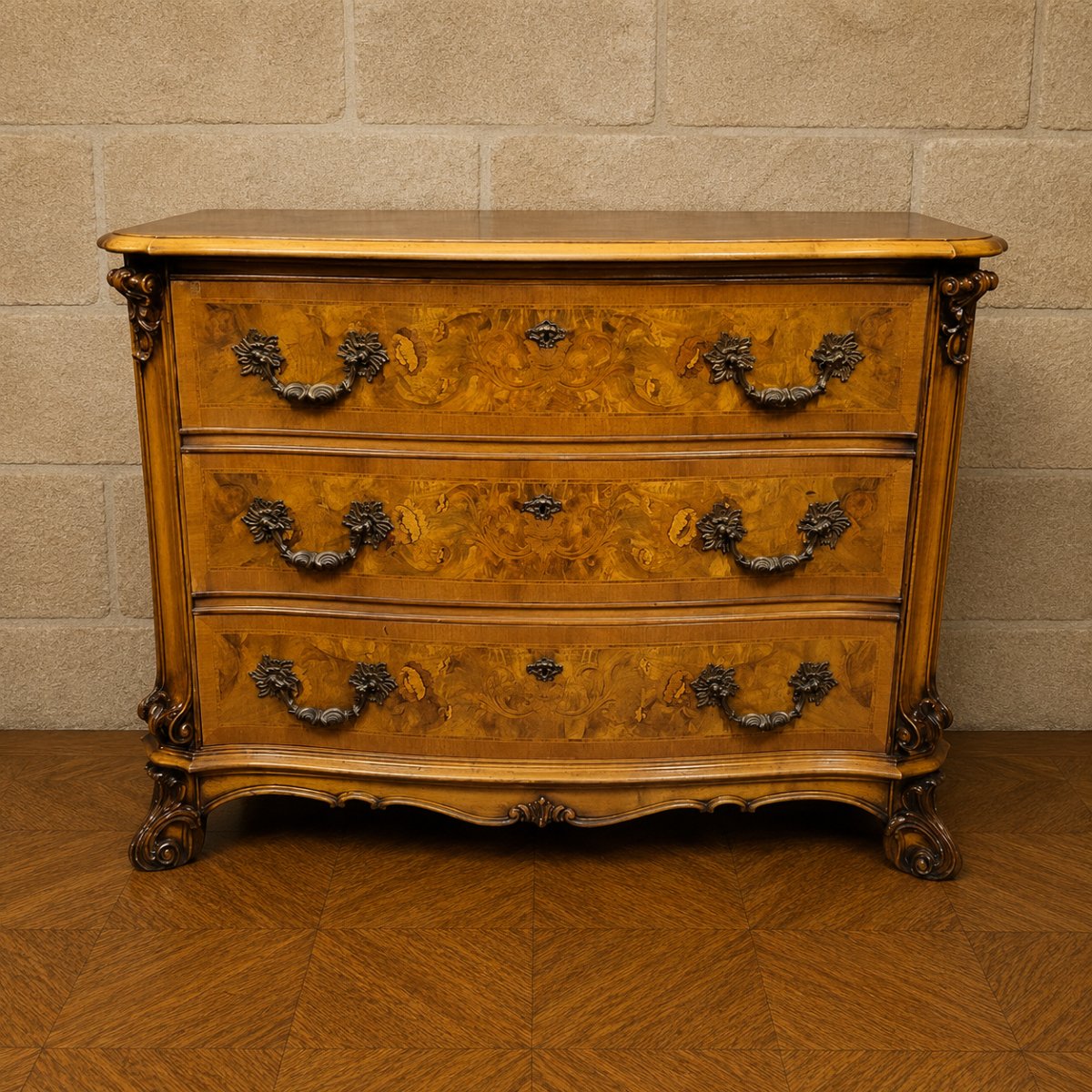Commode galbée en marqueterie de noyer – Style Louis XV -photo-5