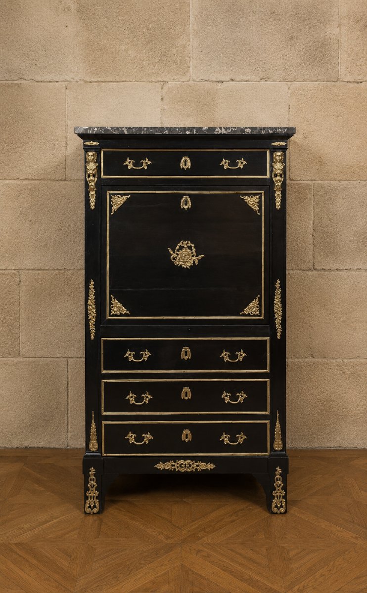 Secrétaire à abattant en bois laqué noir et bronzes dorés – Style Boulle-photo-2