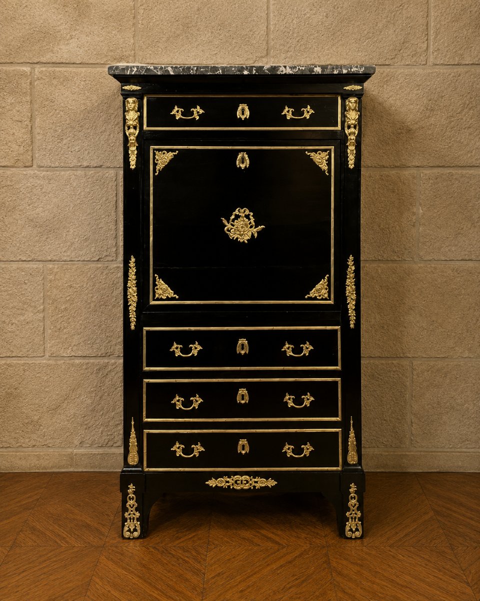 Secrétaire à abattant en bois laqué noir et bronzes dorés – Style Boulle-photo-3